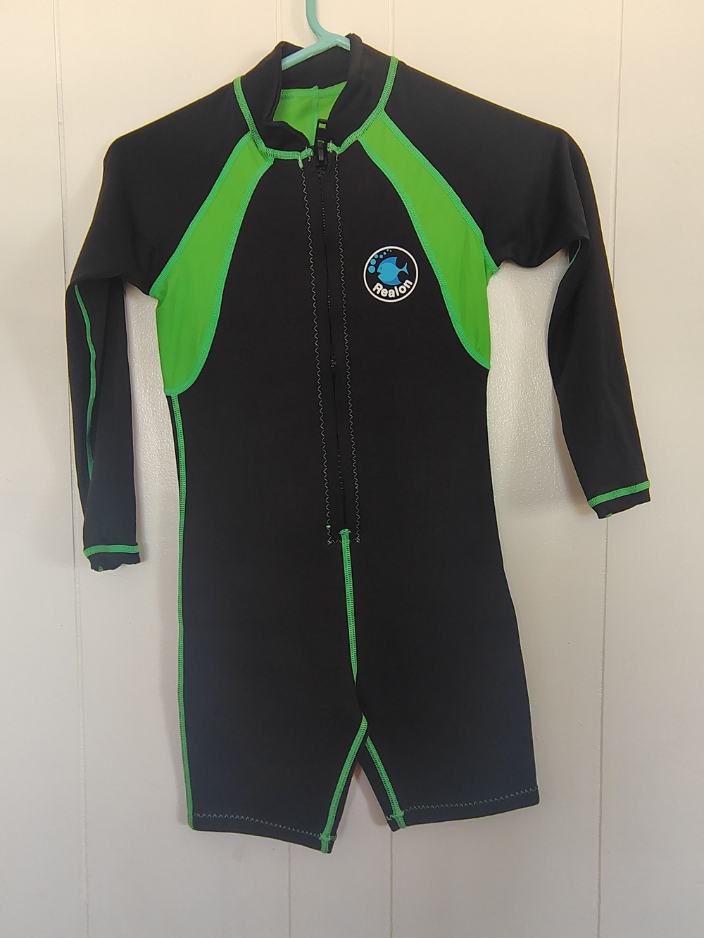 Realon Kids' Black and Green Long-Sleeve Swim Suit Size M.